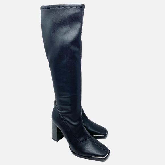 NWOB Bar III Black Faux Leather Square Toe Knee High Boots Women's Sz 7 Side Zip - Picture 1 of 10